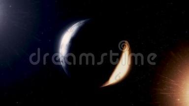 抽象的旋转行星在阴影中由月亮从一边和太阳从另一边点燃。 动画。 美丽美丽